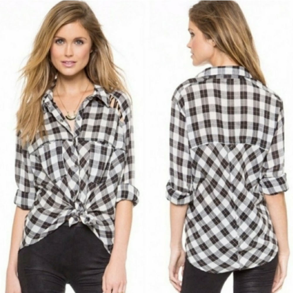 FREE PEOPLE Black White Plaid Cut-out Shoulder Snap Front Long Sleeve Shirt Sz M